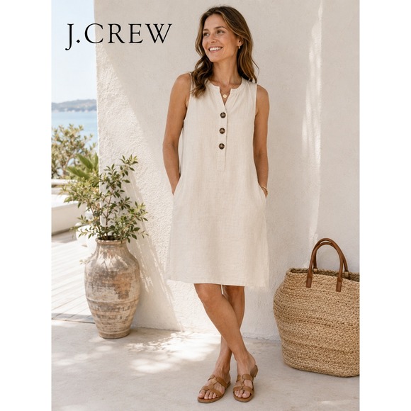 J. Crew Dresses & Skirts - J.Crew 100% Linen Sleeveless Shift Dress Beige Neutral Button Front Medium